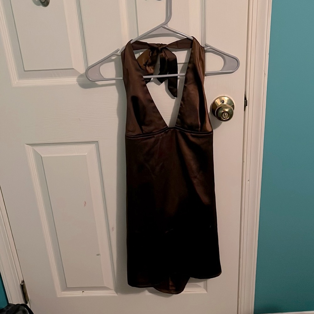 Brown satin Motel halter neck mini dress